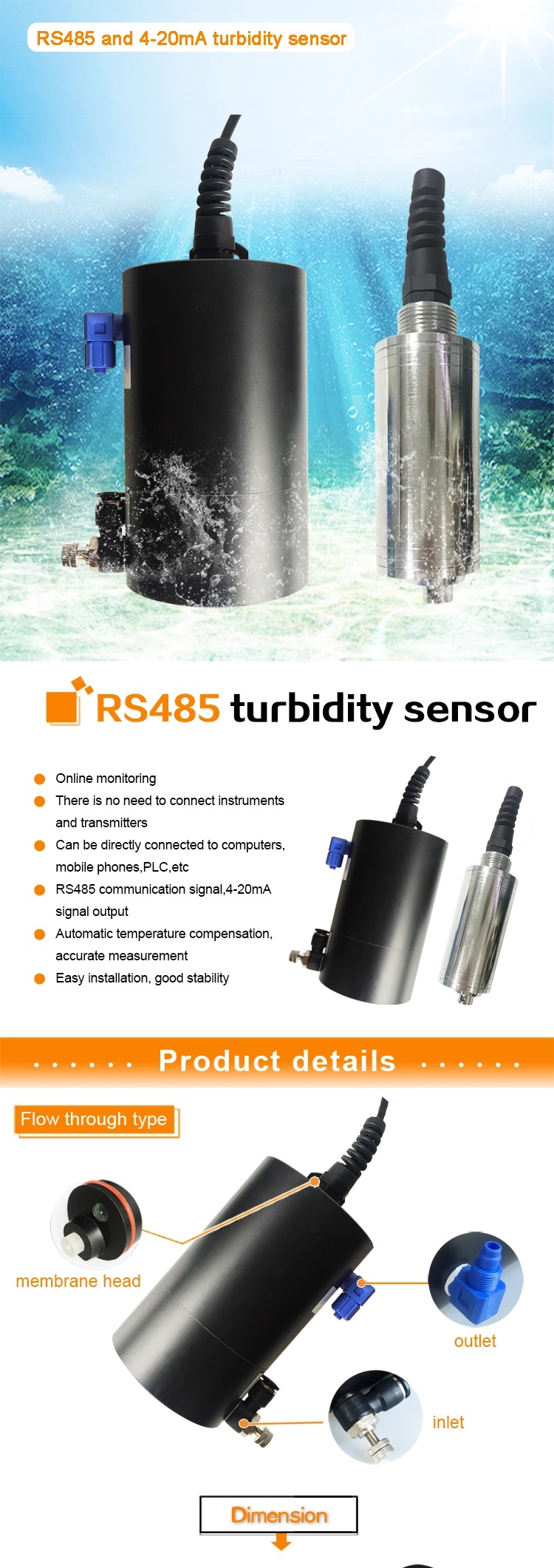 Water Analyzer 0-4000NTU Measuring Range RS485 Output 5m Cable Length M12 Connector