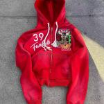 Red Black Sun Faded Zip Up Hoodie Boxy Heavyweight 450Gsm Screen Printing Patch