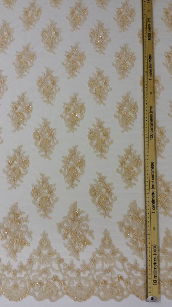 French Stretch Beige Pearl Beaded Wedding Lace Fabric With Scalloped Edge