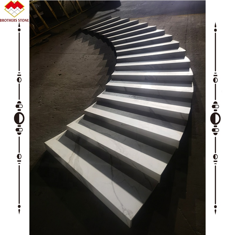 Anti-slip Groove Steps Calacatta Patterns Sintered Stone Stairs with Led Lighting