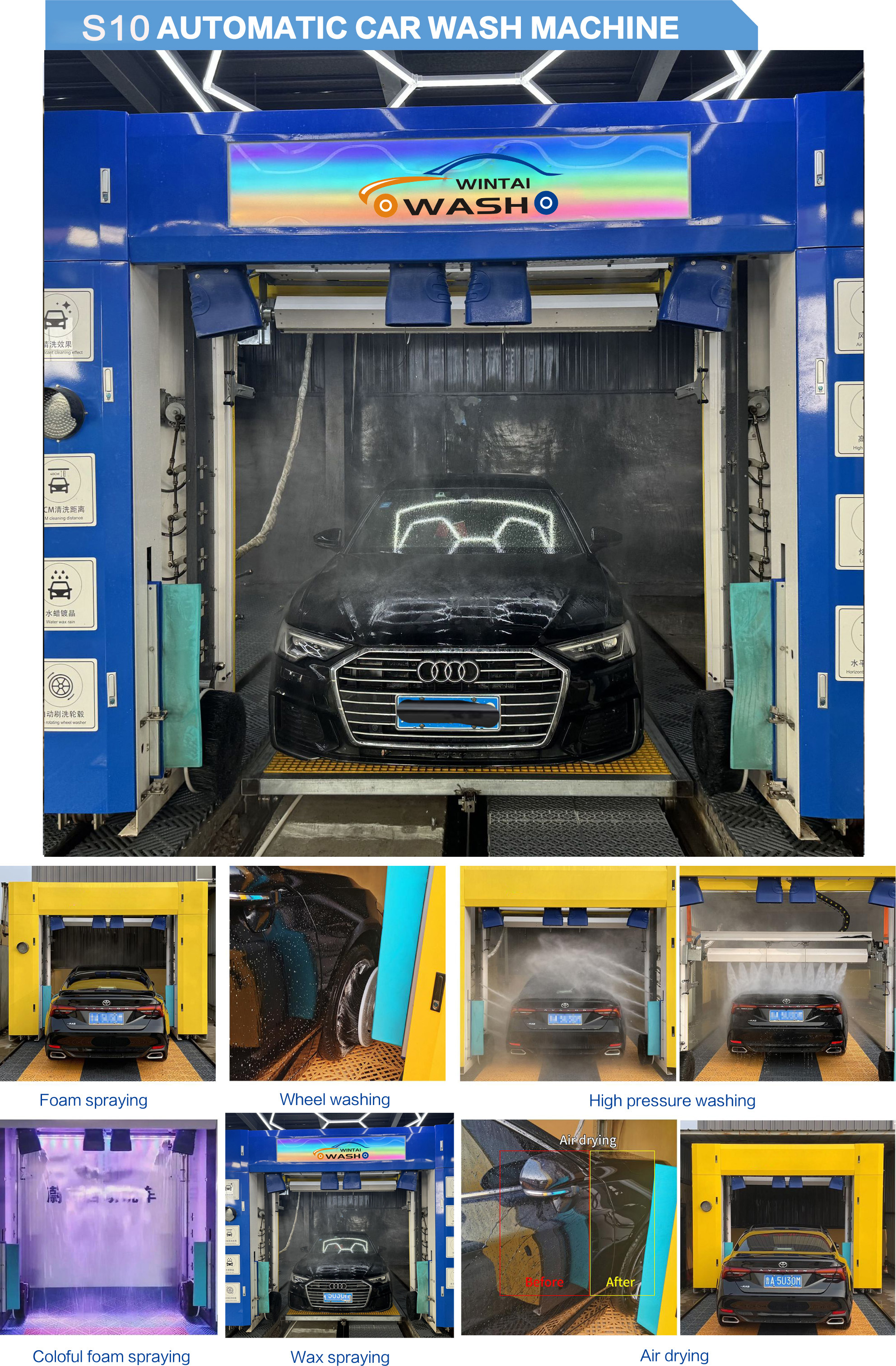 Matel Automatic Rollover Car Wash Machine With Drying System And Wheel Brushes 3500KG