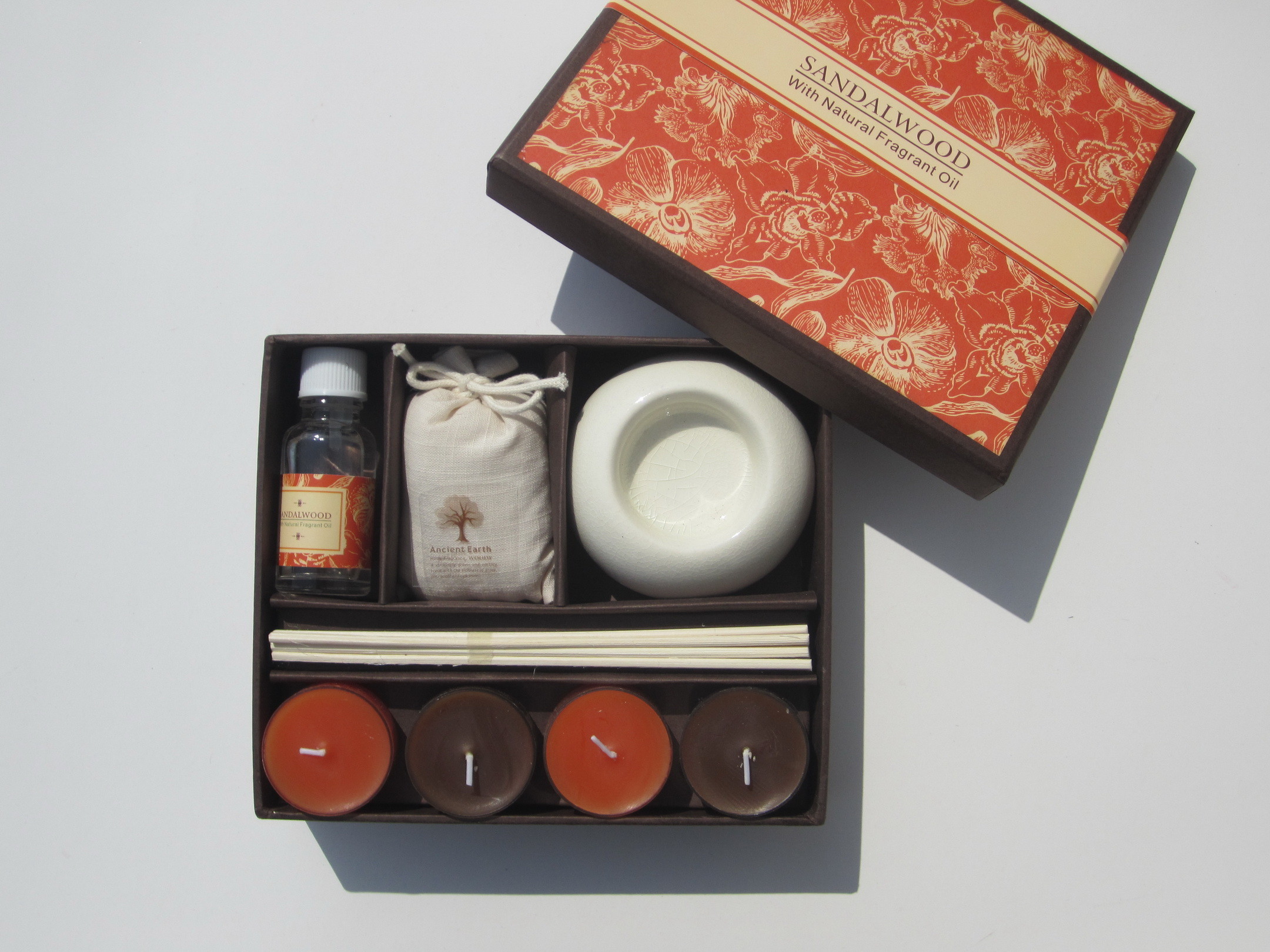 Orange & Brown scented & assorted tealight candle & round holder packed into gift box