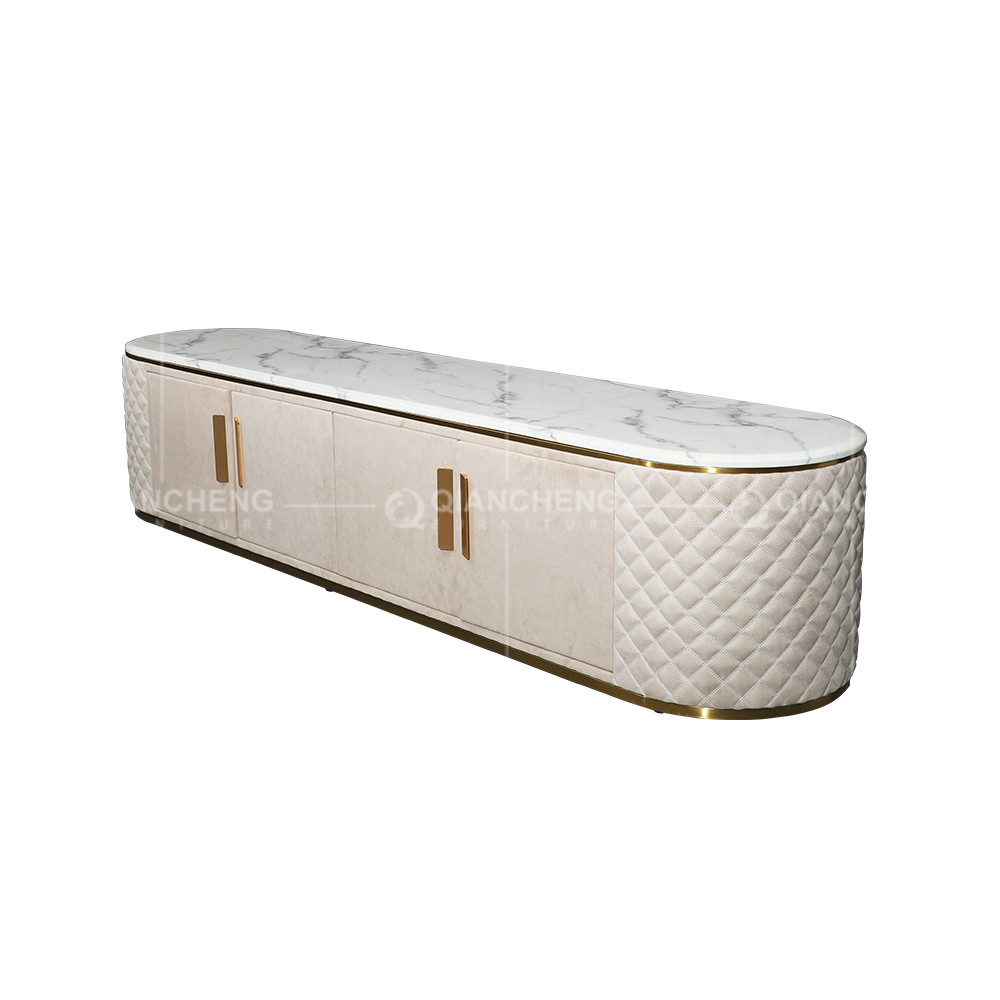 White PU Cover 20mm Marble Top TV Stand Gold Decoration With MDF Drawer