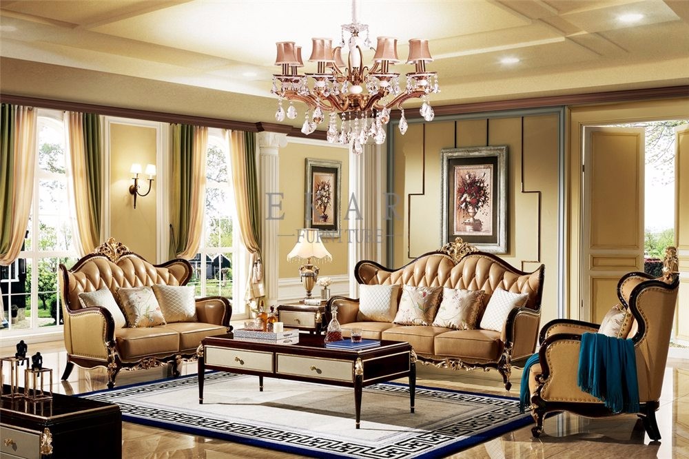 Living Room Luxury Wooden Frame Leather Sofa Set