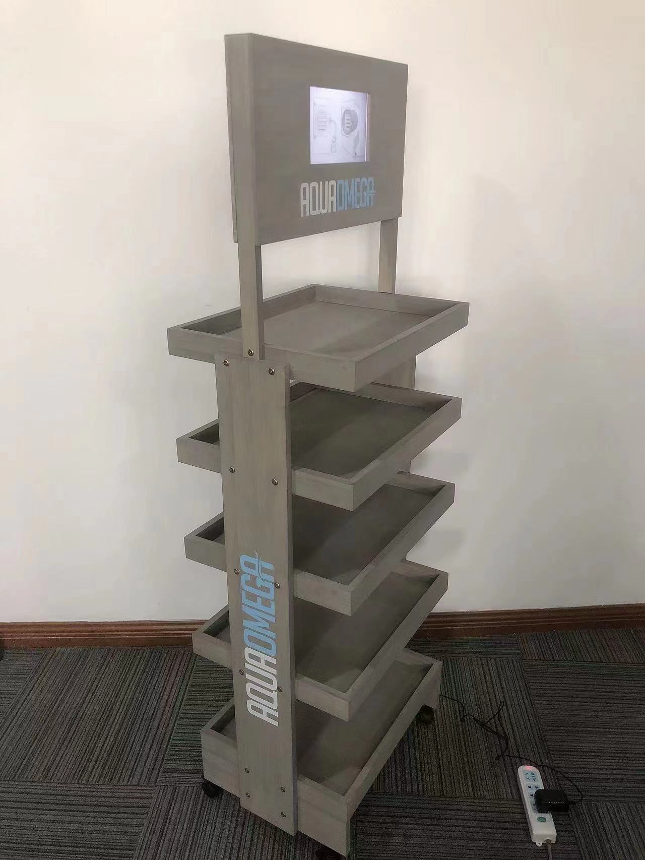 Pine Wood 5 Layers Cocktail Display Stand Display Rack with Wheels for Wine Store