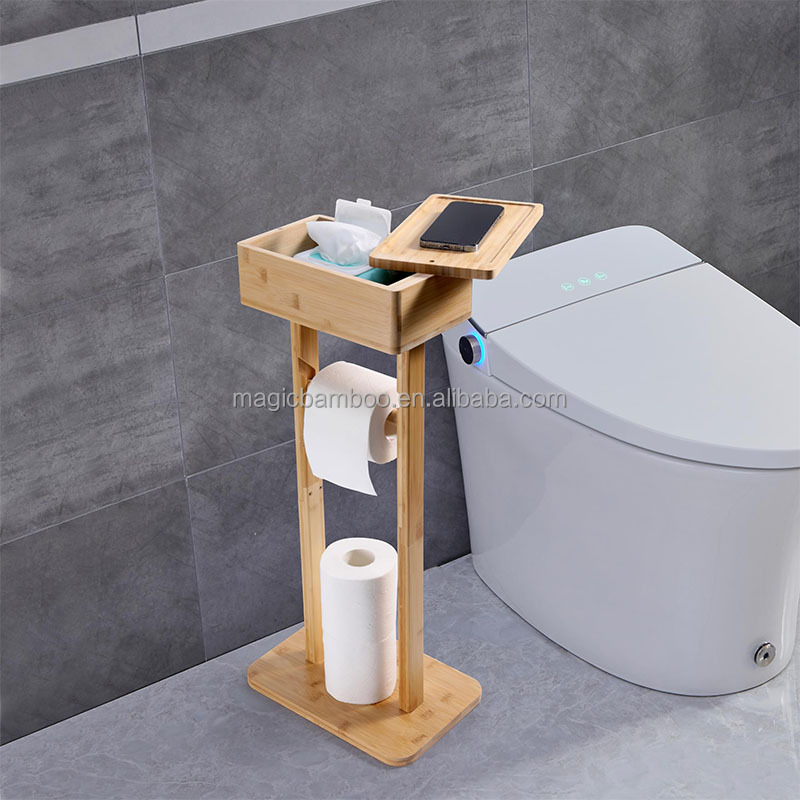 Freestanding Bathroom Storage Rack Bamboo Toilet Roll Holder For Paper