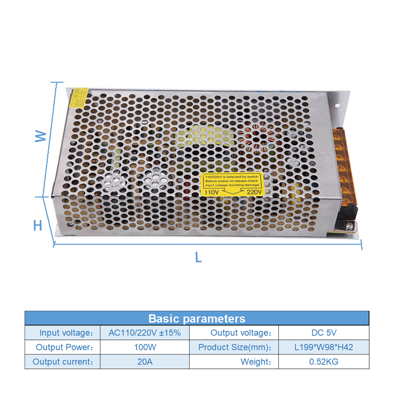 Constant Voltage Switch Power Supply 220V AC To DC 5V 20A 100W For LED Lighting