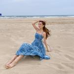 Blue Back Tie Halter Strap 104cm Bohemian Beach Dress