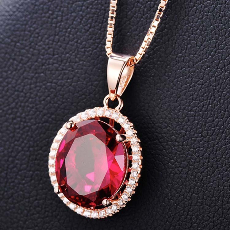 Rose Gold Plate Sterling Silver Oval Pink Cubic Zirconia Pendant Necklace 18 Inches（N12283）