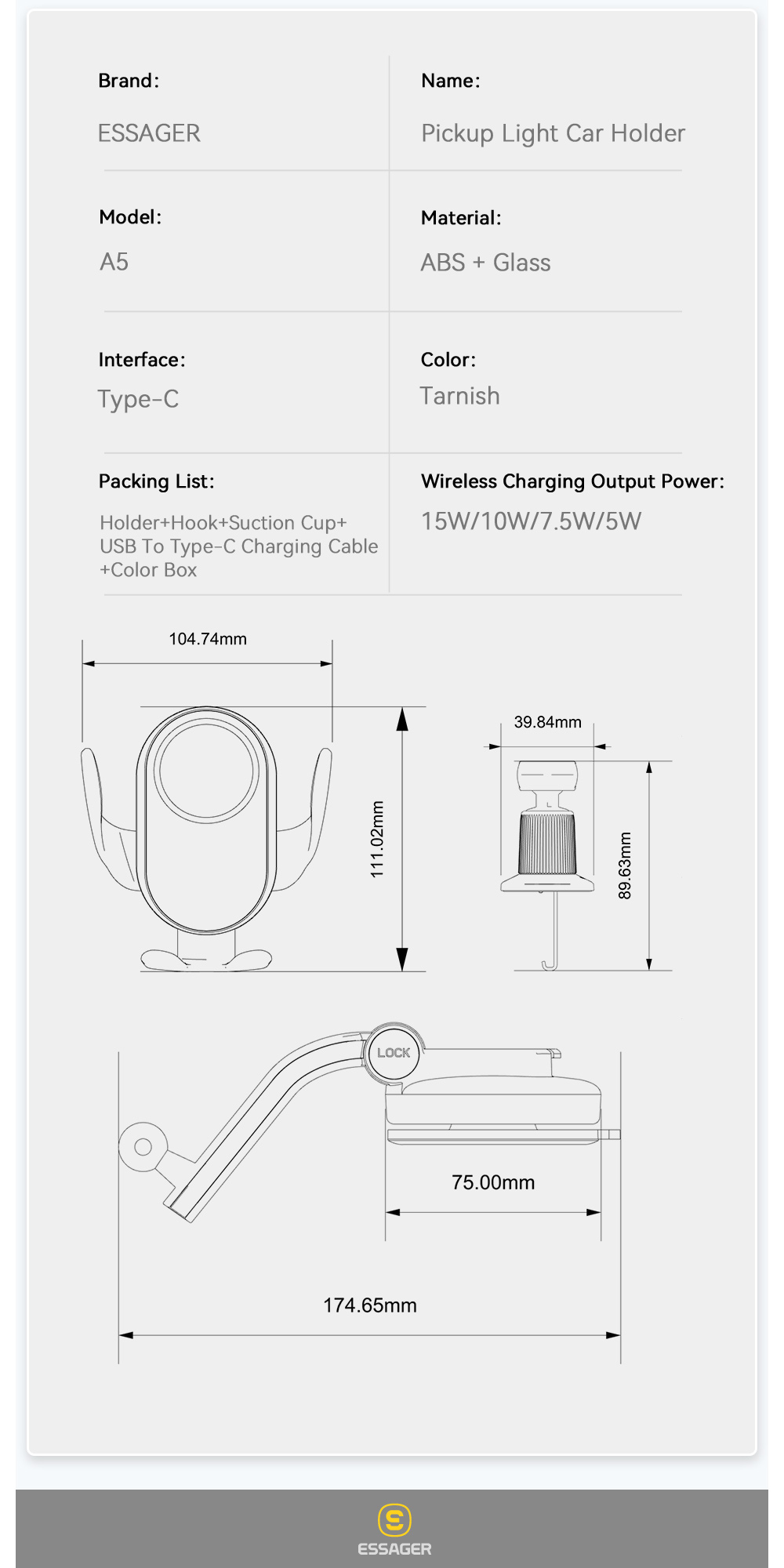 ESSAGER A5 Series Hook+Suction Cup Best Cell Phone Holder for Car Mount
