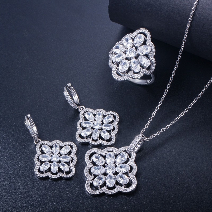 White Gold Color Luxury Bridal CZ Crystal Necklace and Earring Sets Big Wedding Jewelry Sets For Brides