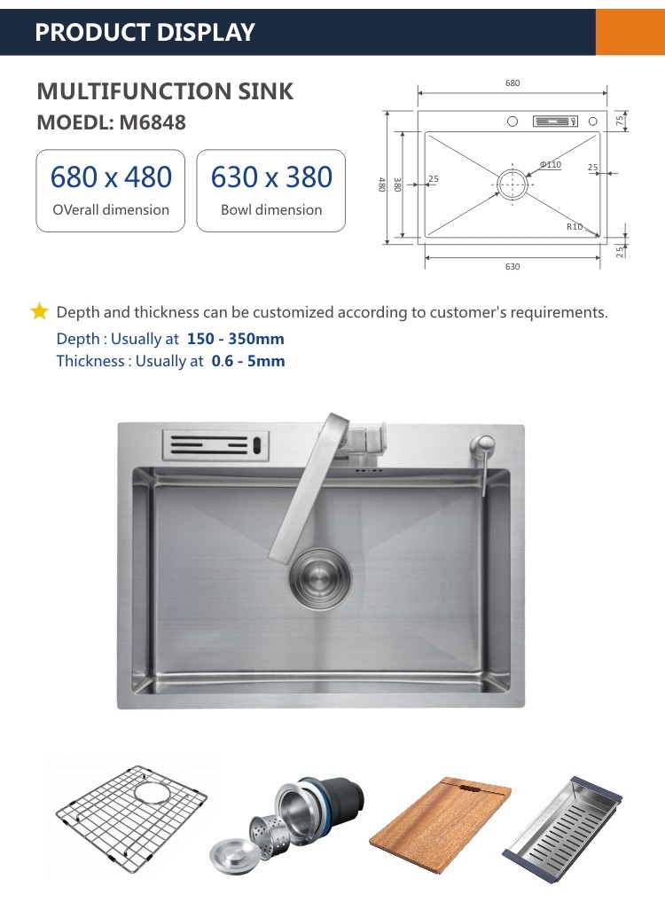 27' Undermount Single Bowl Stainless Steel Kitchen Sink 16 Gauge Knife Holder 68x48