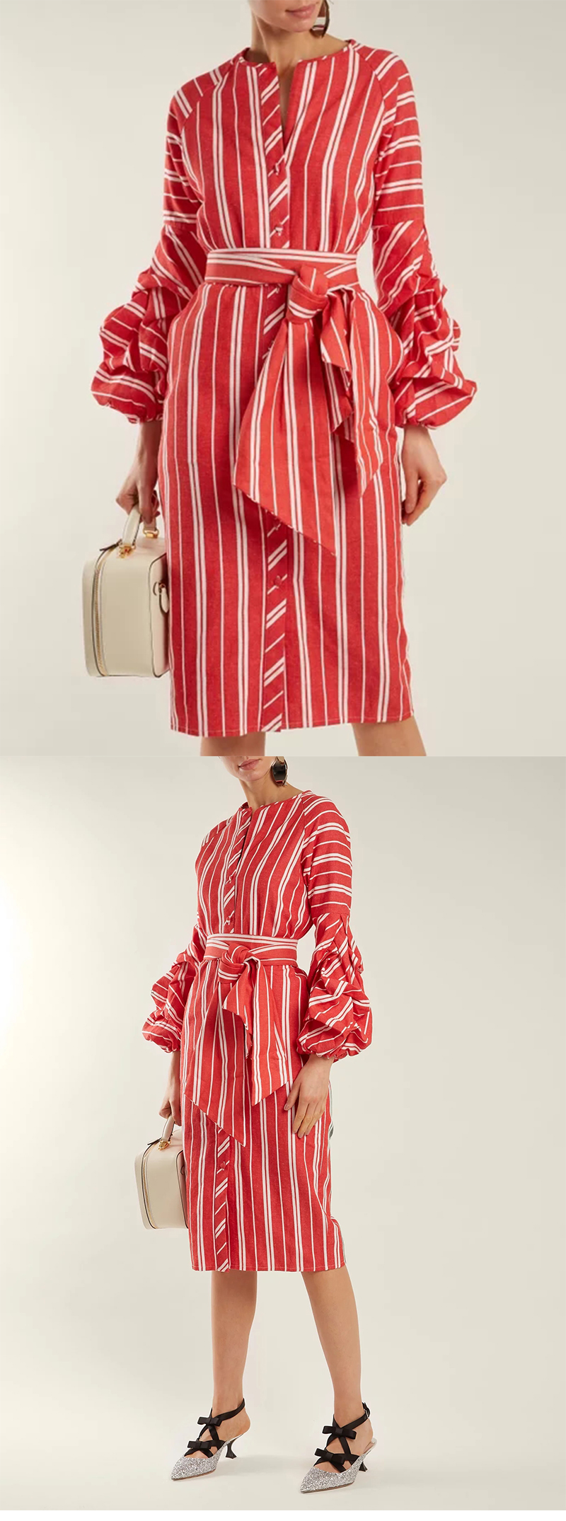 2018 Women Clothes Gathered Bell Sleeves Striped Midi Design Fashion Dresses For Women 2018