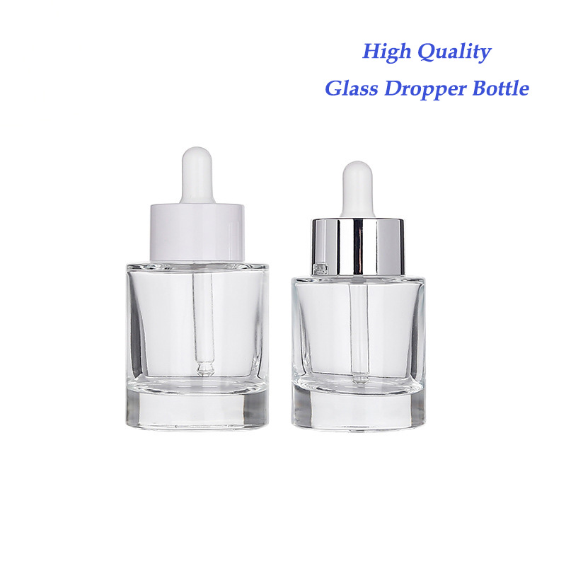 30-50ml Round Clear Dropper Glass Skin Care Oil Bottle with White Push Dropper Assembled Dropper