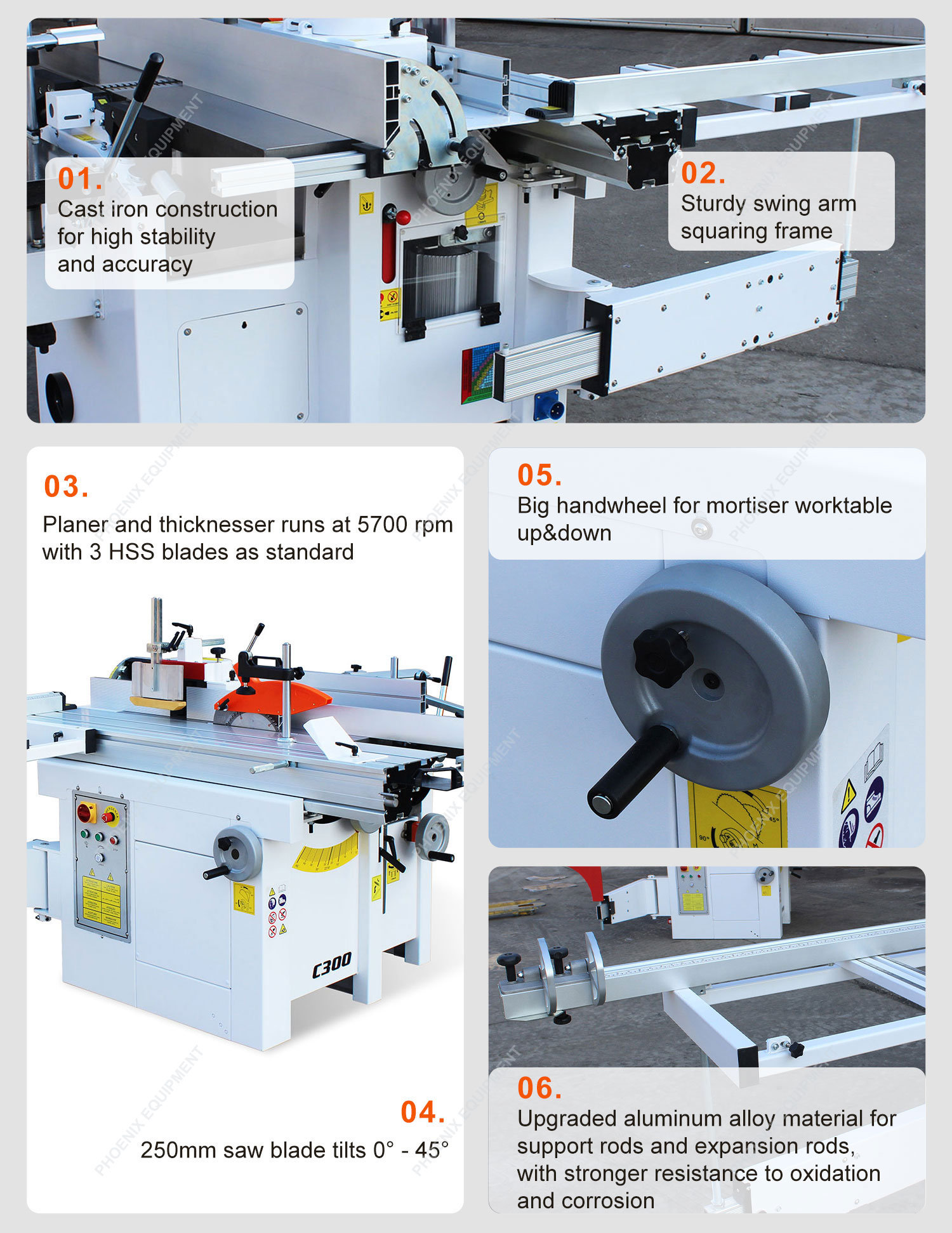 0-2kW 5 in 1 Combined Sliding Panel Saw Spindle Moulder Table Woodworking Planer Machine