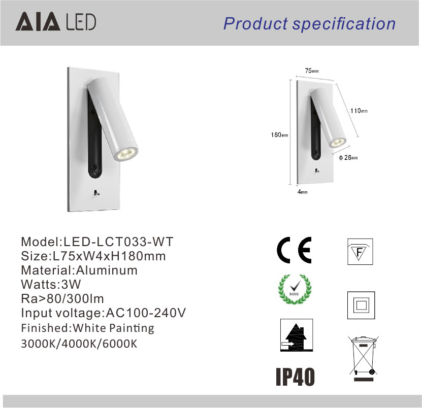 Adjustable stainless steel flexible LED headboard reading light modern aluminum hotel bedside wall light bed wall lamp