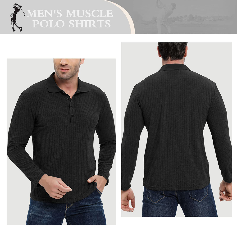 Custom Polo T Shirt Rib Knit Men's Muscle Fit Long Sleeve Workout Tee for Gym and Golf