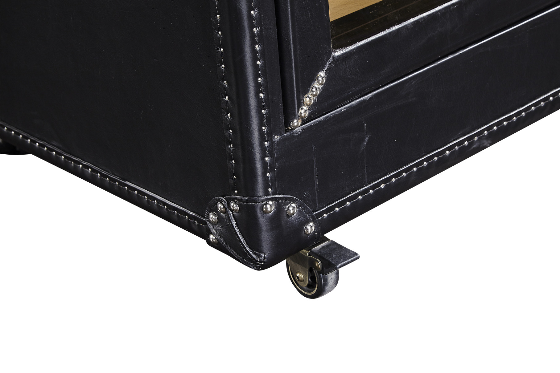 Black Color Wine Storage Cabinet Top Grain Vintage Scratches Genuine Leather Wheel Legs