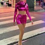 Metallic Shiny Sexy Women'S Casual Dress Midriff-Fitting Party T-Dress Buttock
