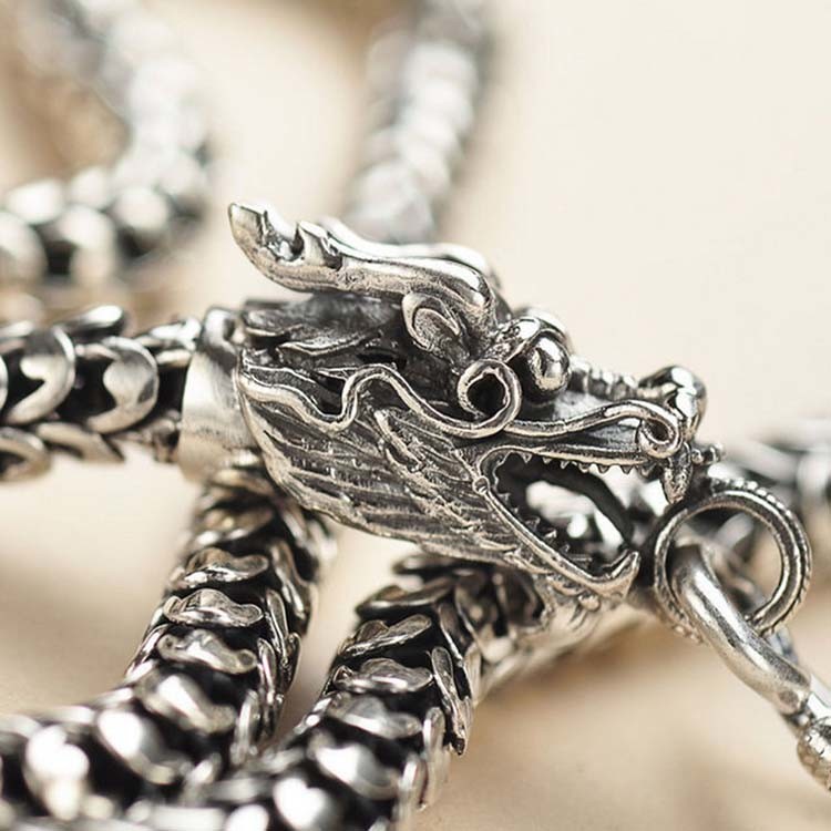 Mens Retro Vintage Dragon Sterling Silver Chain Necklace 24 inches (041558)