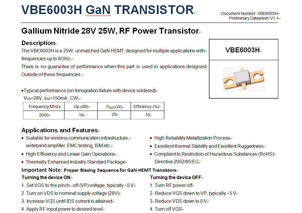 Durable RF Power Transistor Wide Band DC To 6GHz 25W Gallium Nitride 28 Volt