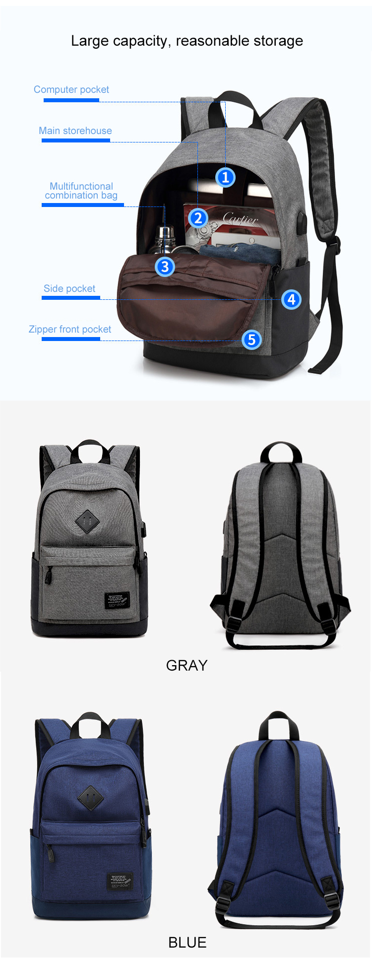Anti Theft Student School Backpack 18.5L Lightweight Laptop Rucksack