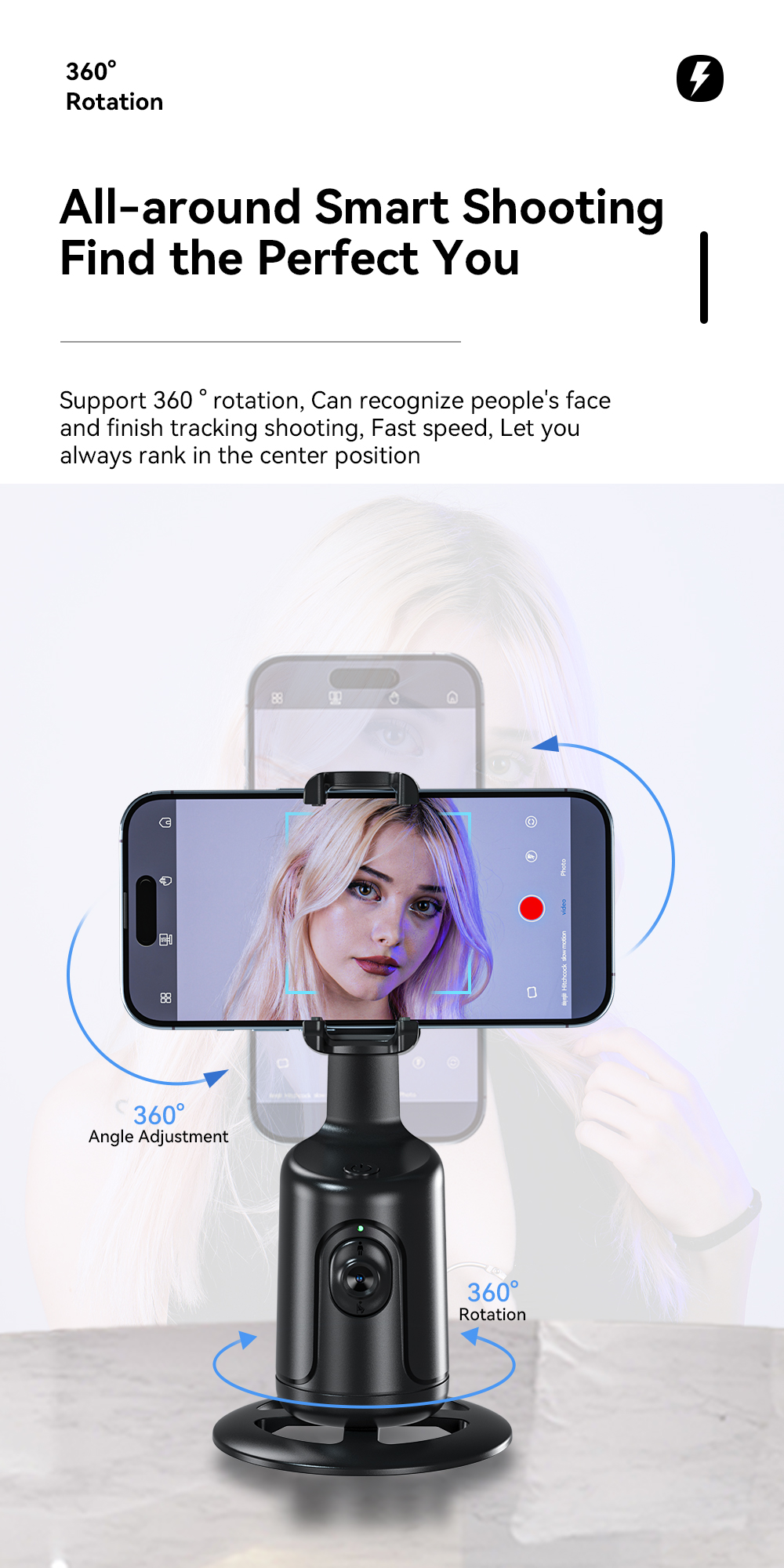 1200mah Battery Car Phone Holders With 360 Face Tracking Gimbal AI Smart Core Recognition Control