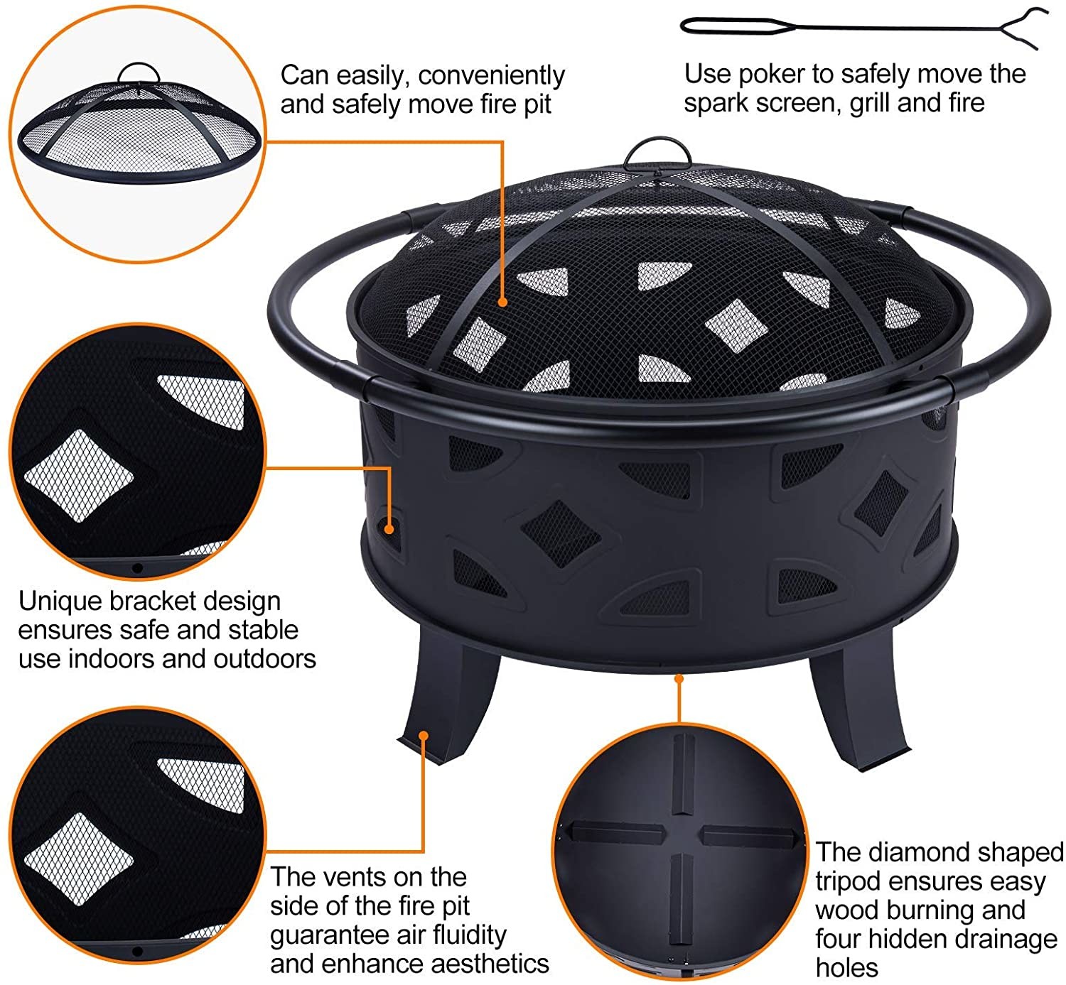 Patio Wood Burning Portable Charcoal Fire Pit BBQ Grill Firepit Spark Screen