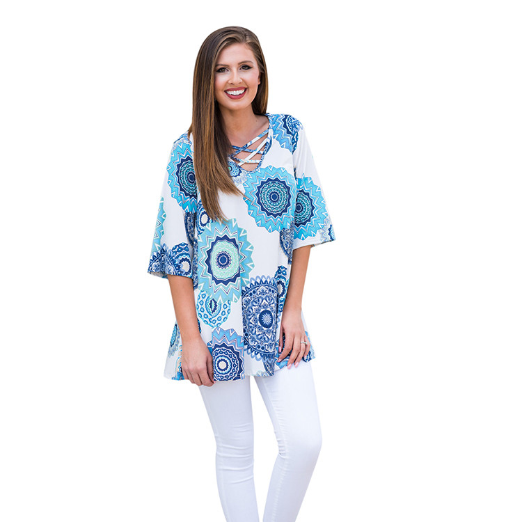 Women Fasion Floral Printed 3/4 Sleeve Shirt Loose Casual Tops