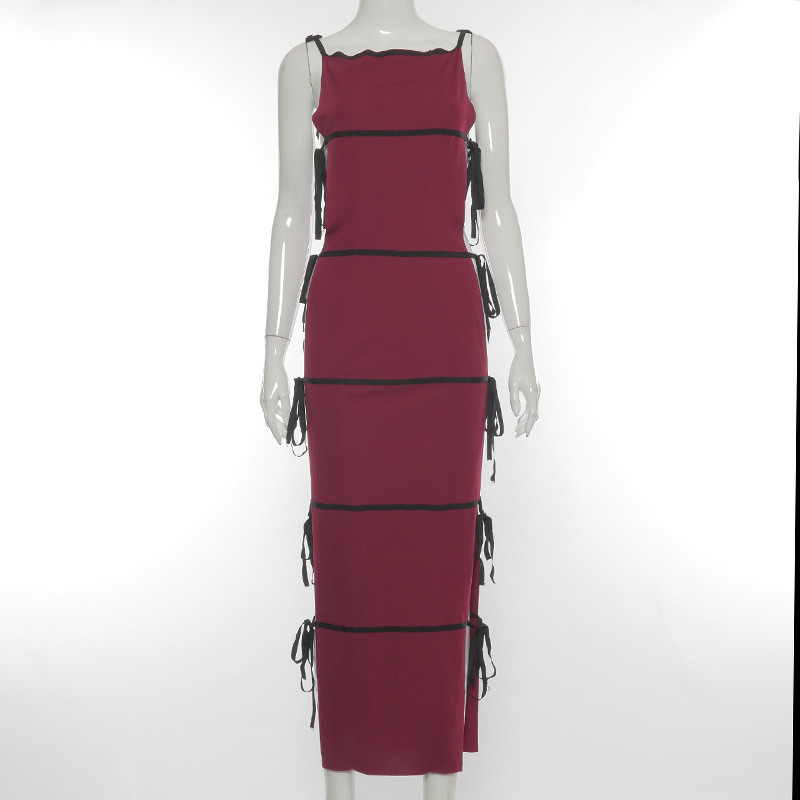 Women's Stitching Lace Up One Piece Dress Long Party Wear