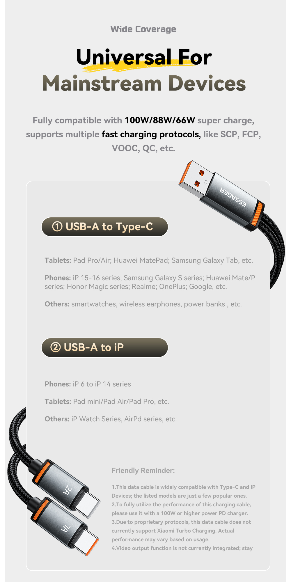 ESSAGER ES-X67 2 in 1 100W USB Type C to USB Type C Lighting Data Cable