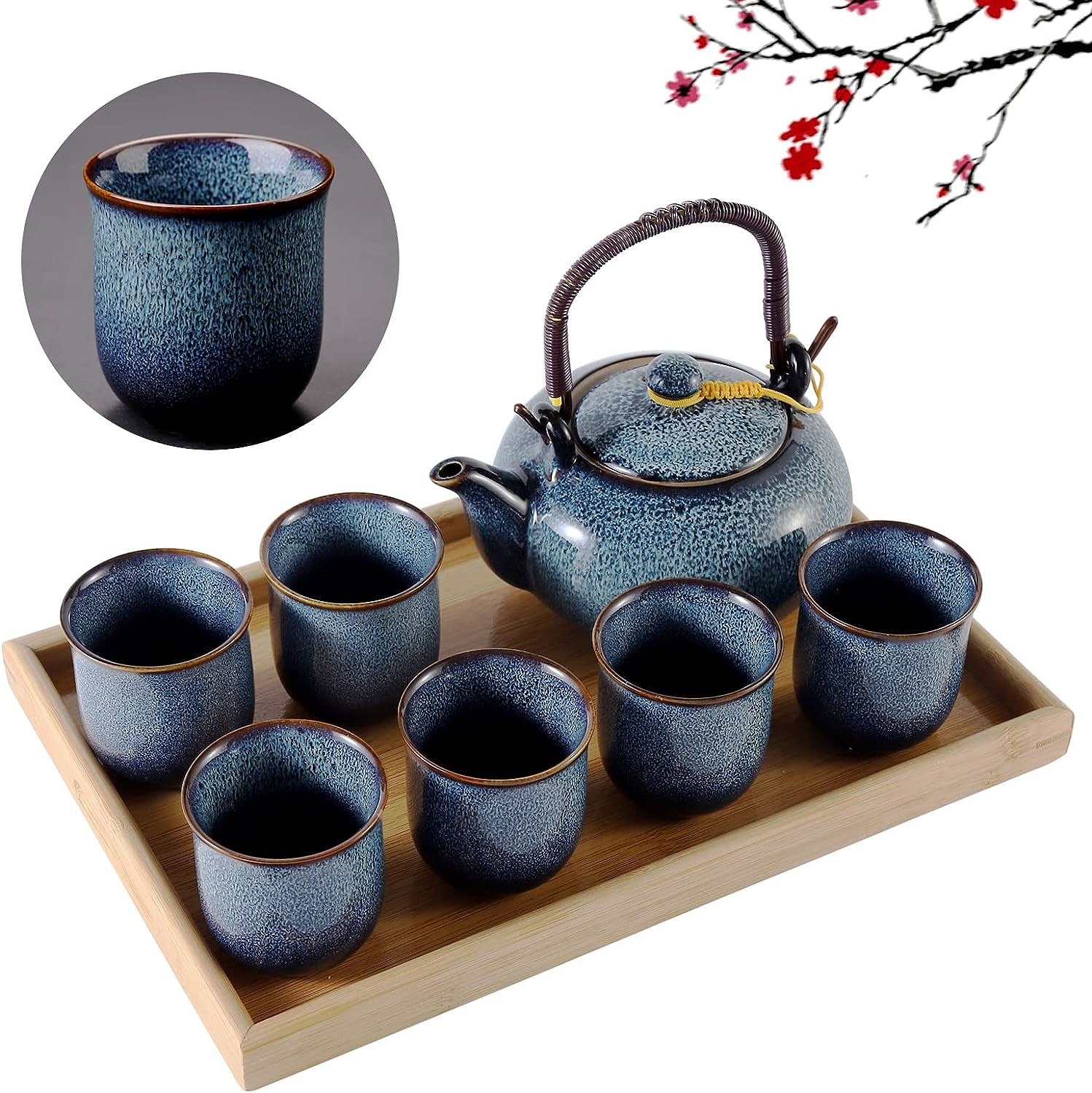 Kung Fu Tea Cup Set Porcelain Gongfu Tea Set 6.7oz With Bamboo Tray