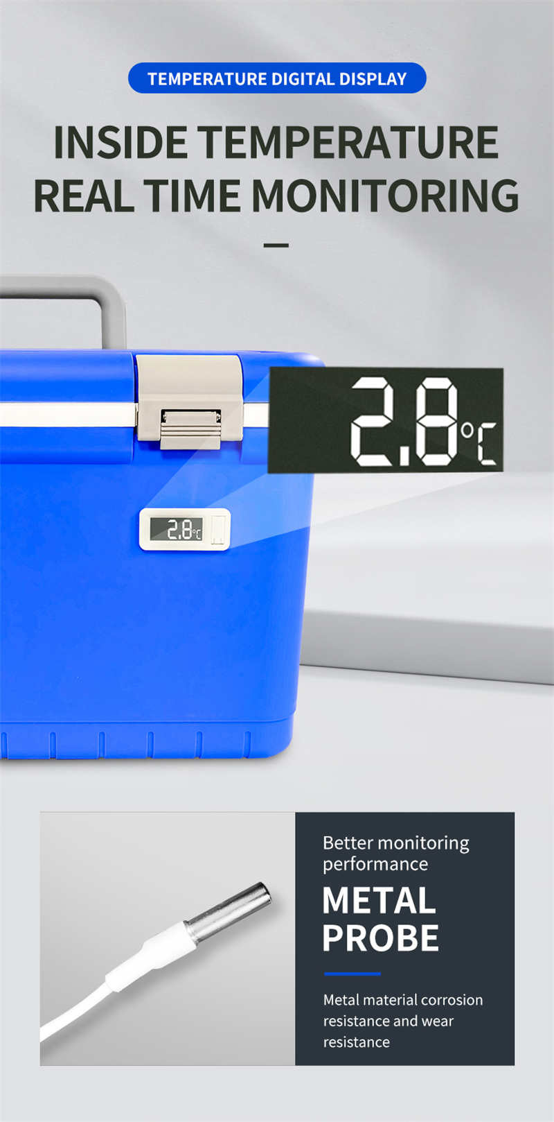 Temperature Display Medical Cooler Box with Blue Color and PP Outer Liner Material
