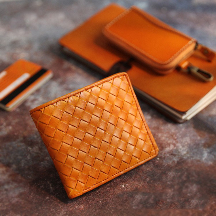 Woven Cowhide Leather Retro Handmade Short Wallet with Open Closure Package Weight 0.1kg