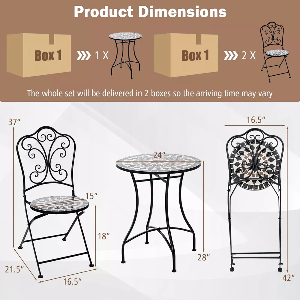 Outdoor Furniture AJUNION 2 Seating Chair and Table Set Metal Iron Foldable Chair Antique Mosaic Tile Table Bistro Set