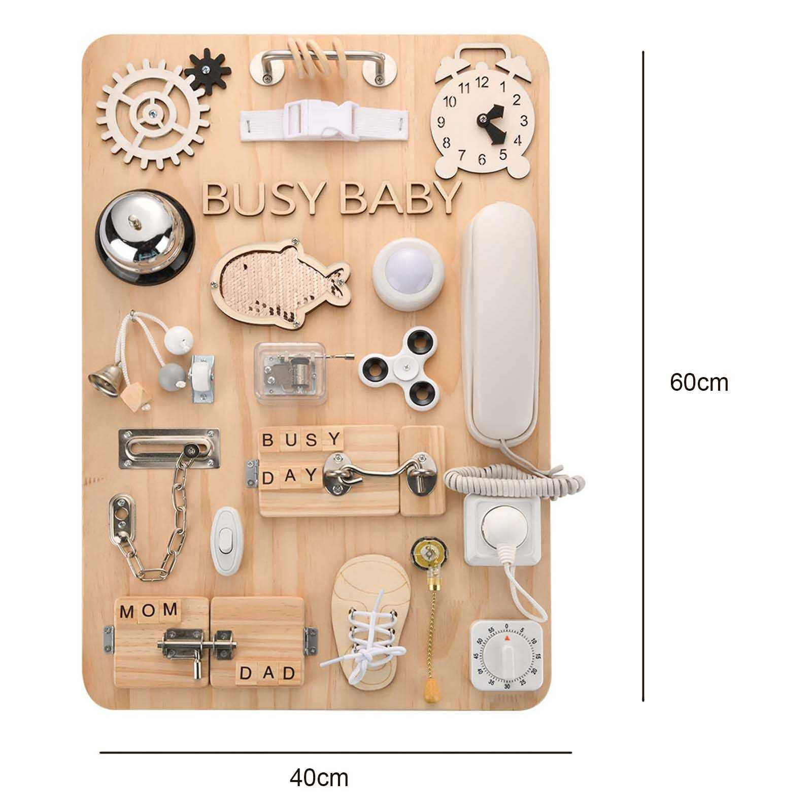 Wooden Handmade Baby Activity Boards Featuring Keys Lock Latches and Time Telling Clock