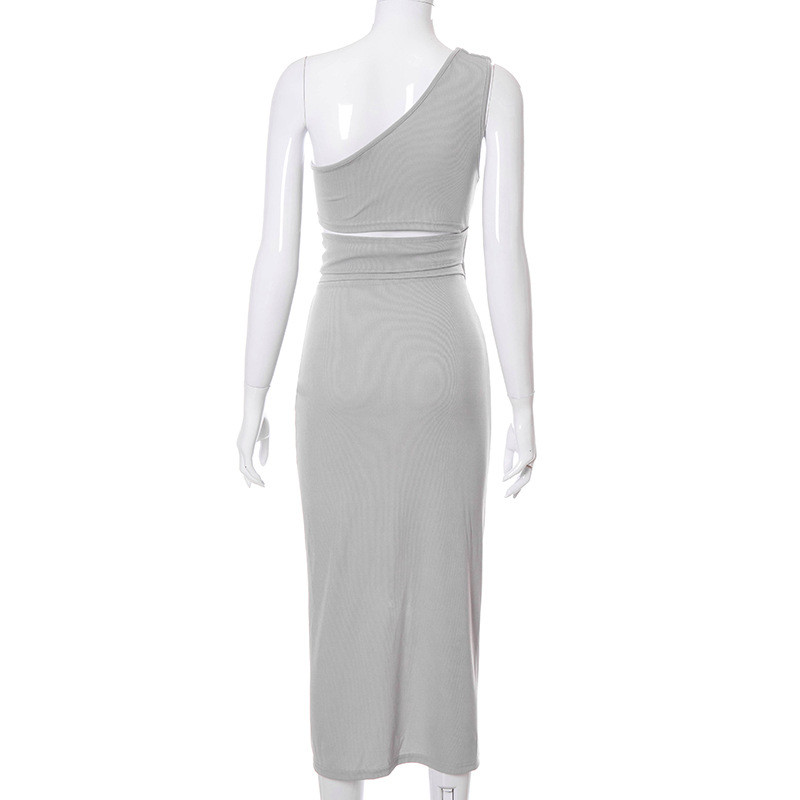 Drawstring Womens Party Maxi Dresses Stitching Slanting Shoulder Navel High Fork