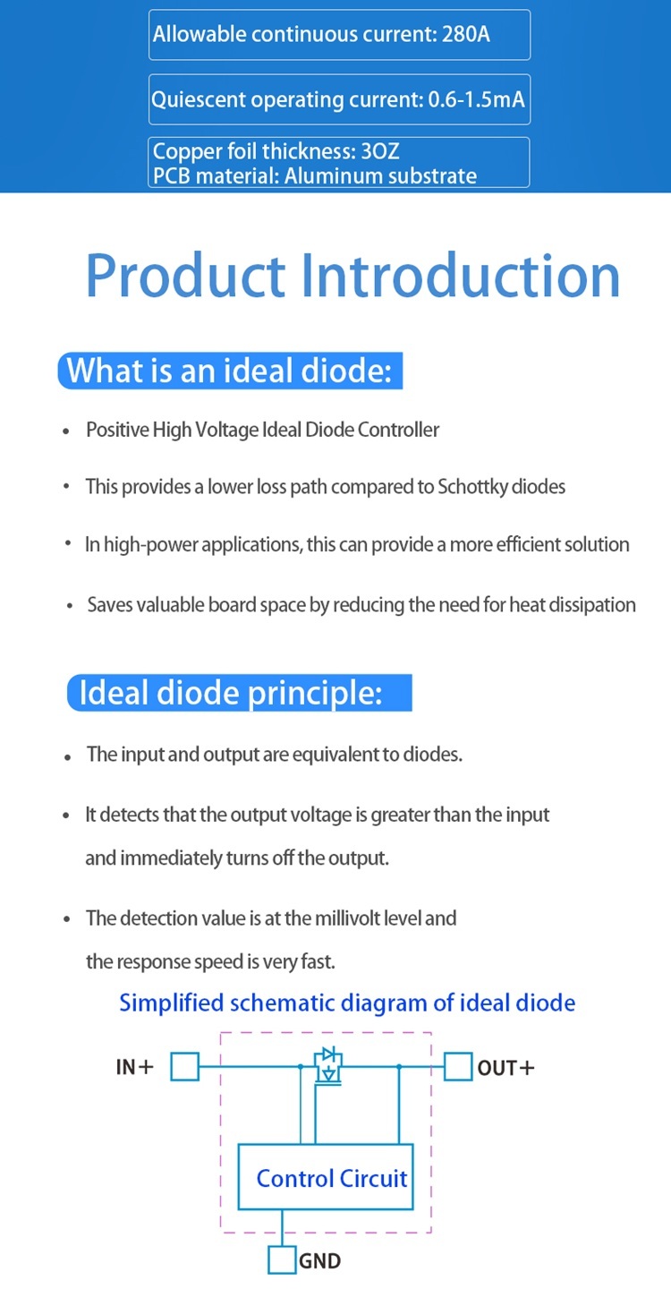 Ideal Diode Module 40V 80V 280A Solar photovoltaic Base Station Electric Vehicle Prevent Anti-backflow