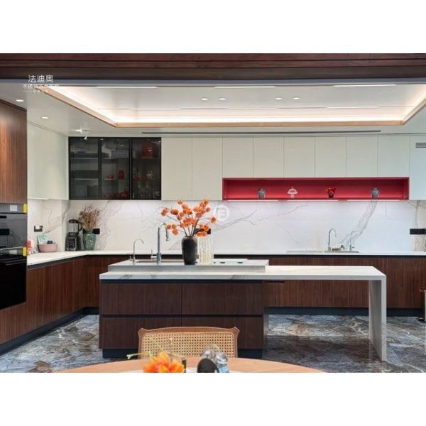 Fadior Multifunctional Wood-Grain Stainless Steel Custom Kitchen Cabinet with Island & Integrated Appliances
