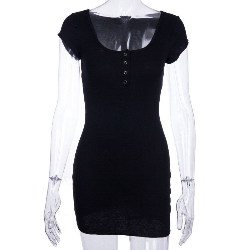 European and American sexy button solid color low-cut short-sleeved mini wrap dress two-color