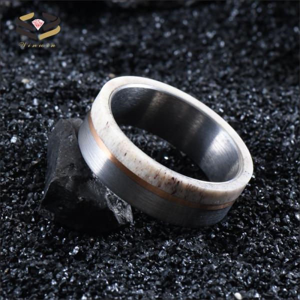 Unique and Eye-catching 8mm Handmade Natural Deer Antler Ring Inlay Rose Gold Circle Tungsten Wedding Rings for Men