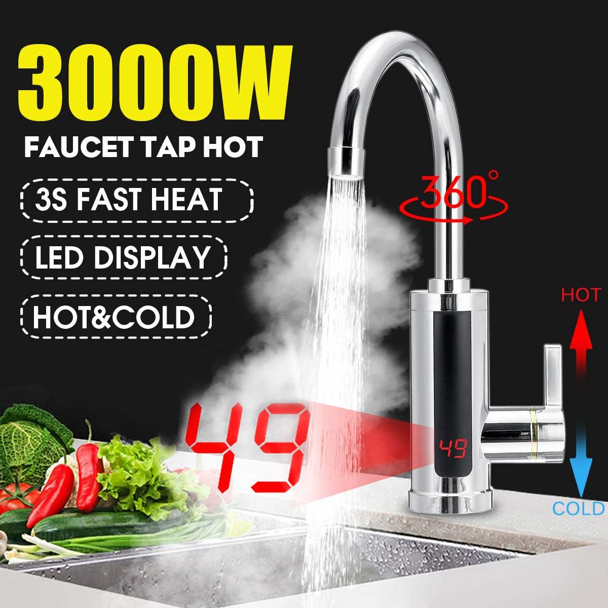 Electric Heater SS304 Kitchen Instant Hot Water Tap 3000 Watt Automatically LVD