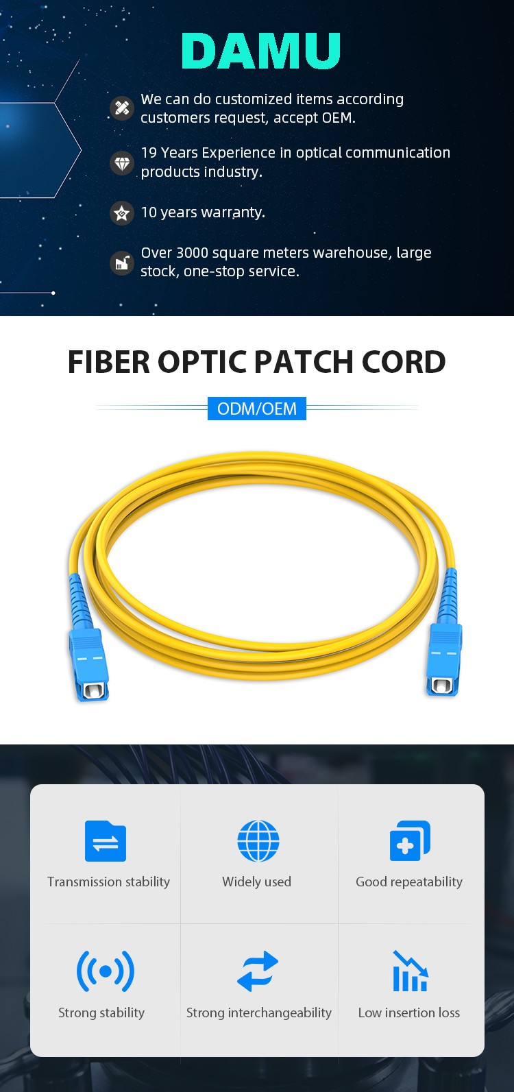 FIBER OPTIC PATCH CORD SC UPC/SC UPC FTTH SINGLEMODE FIBER OPTICAL JUMPER 3M YELLOW FIBER OPTICAL PATCH CORD
