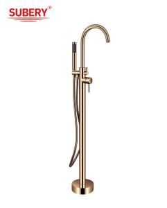 China OEM Single Lever Free Standing Tub Faucet Floor Mount With Diverter Rose Golden Brass wholesale
