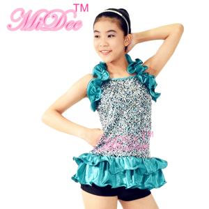 China 2 in 1 Glitter Sequin Bodice Ruflle Halter Neck Leotard Dance Competition Costumes wholesale