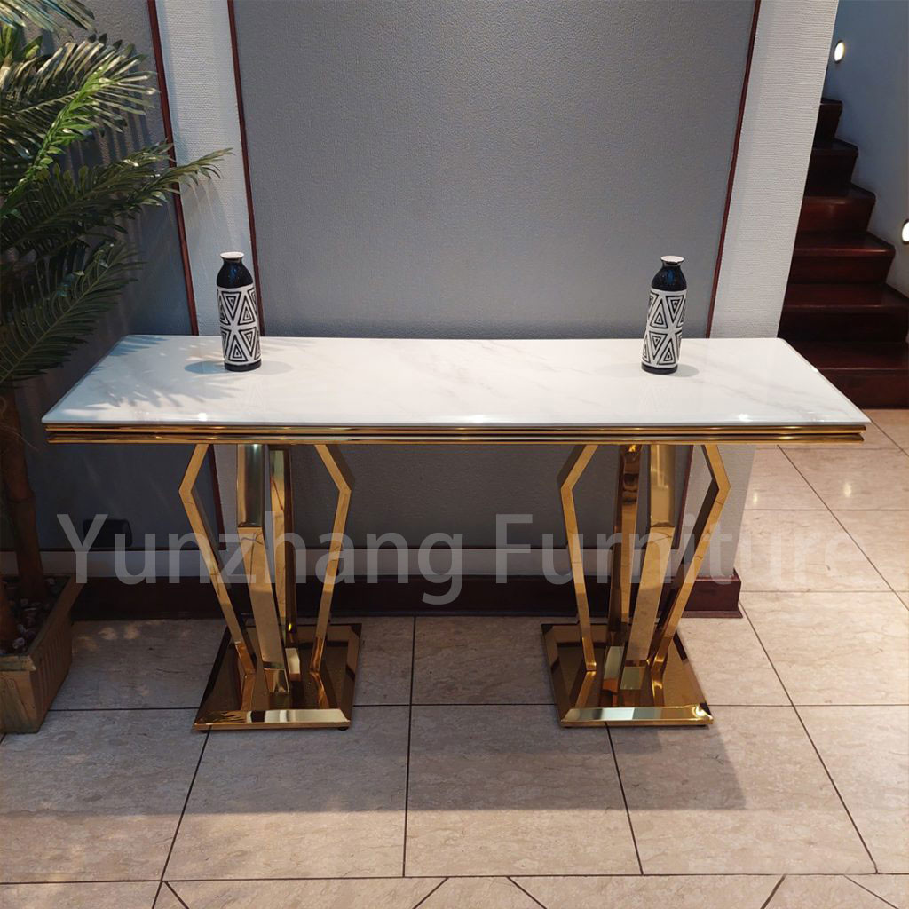Hotel Furniture Square Console Table Marble Top Stainless Steel Frame Gold Color