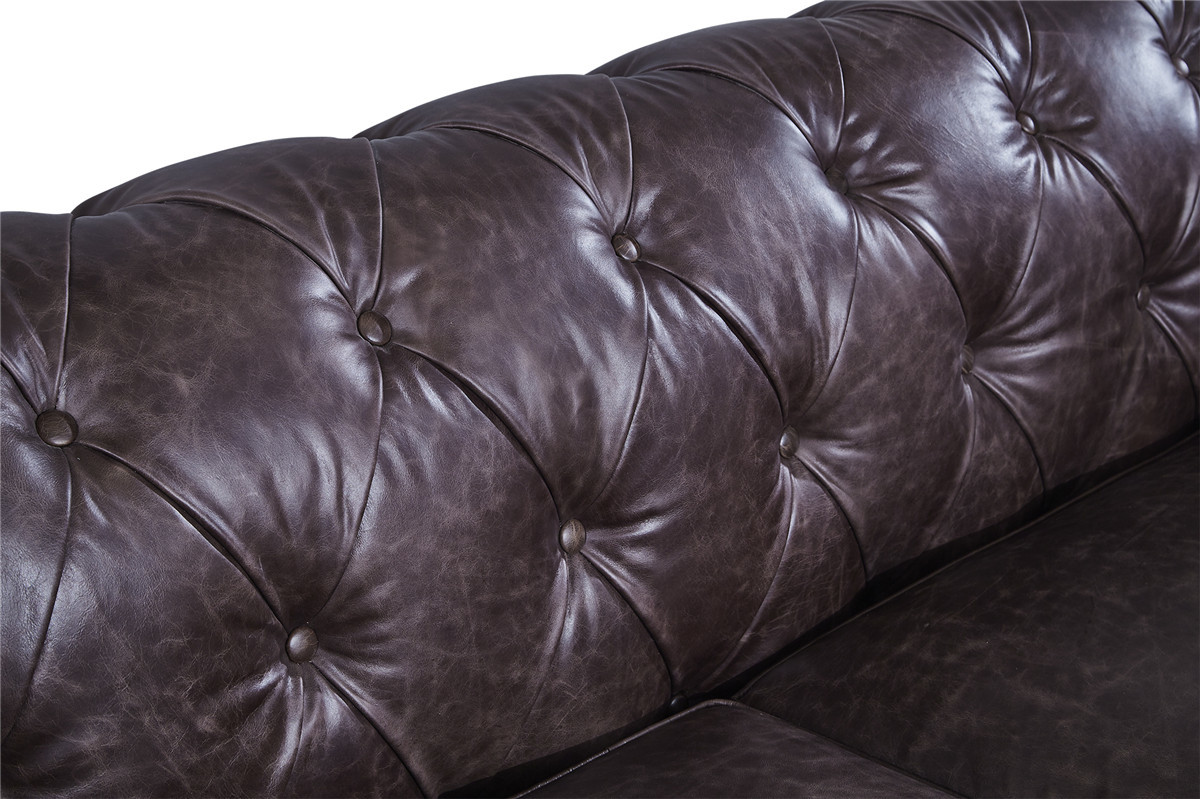 Vintage Dark Brown Leather Three Seater Sofa Fine Upholstering Buttons Strong Frame