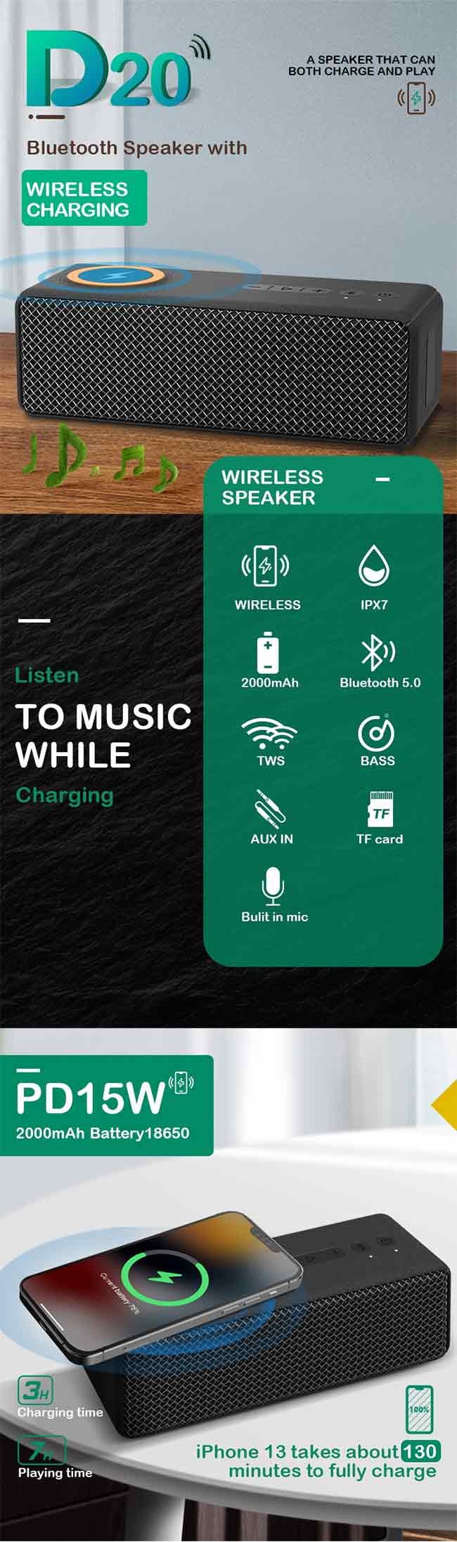 22.4 X 7.9 X 8.4 Cm Wireless Charger Speaker Compatible With MP3/WMA/WAV/APE/FLAC