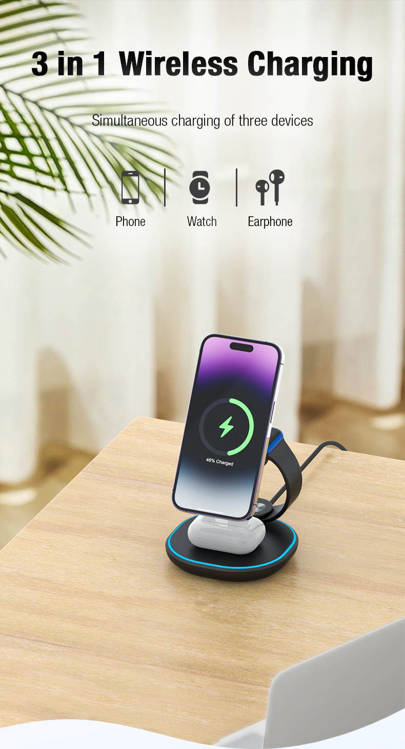 ABS 15W Qi Magnetic Multifunctional Wireless Charging Desktop 3 in 1 Stand for Iphone