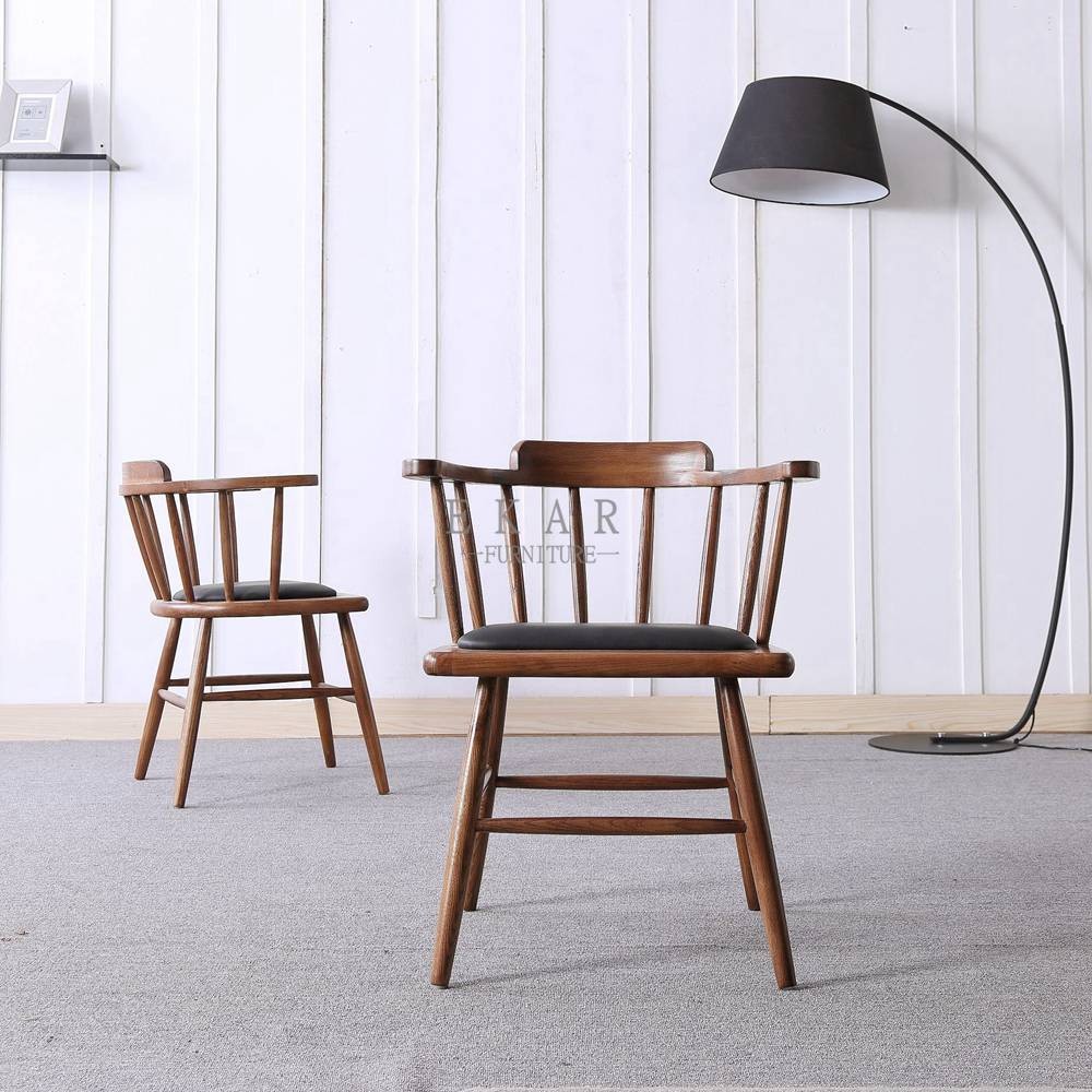 Fabric Solid Wood Blue Wooden Dining Chair With Armrest